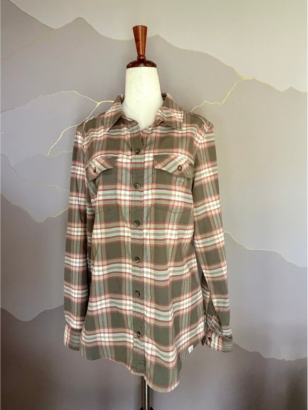 L.L.Bean Women M Brown Pink Plaid Stretch Flannel Shirt Button Down Pockets